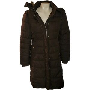 MOSSIMO Puffer Coat Brown Quilted Longline Padded Winter Jacket Warm Fur‎ hood S